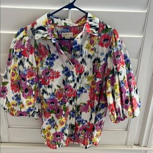 Maeve Pink and Red Ruffled Short Sleeve Blouse